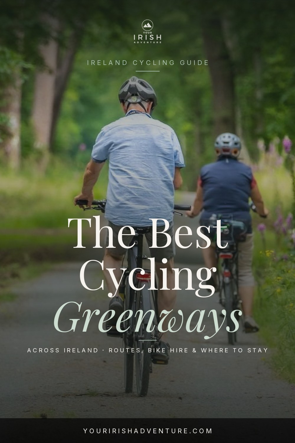 Cyclist riding a flat traffic-free greenway path through green Irish countryside in Ireland
