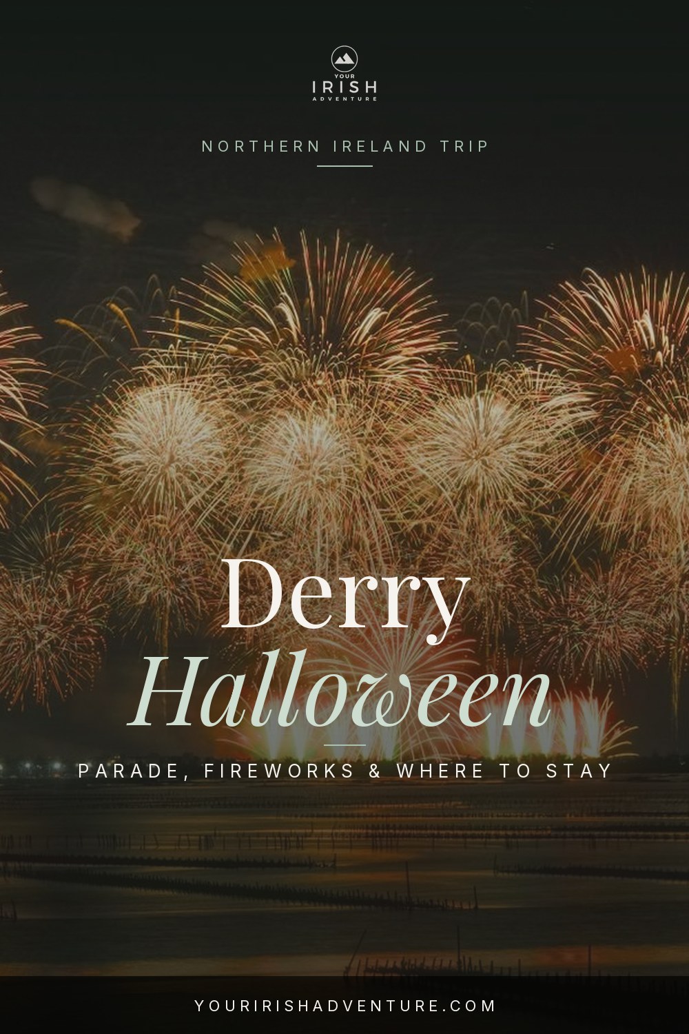 Costumed crowds and fireworks over the River Foyle at Derry Halloween Festival in Northern Ireland