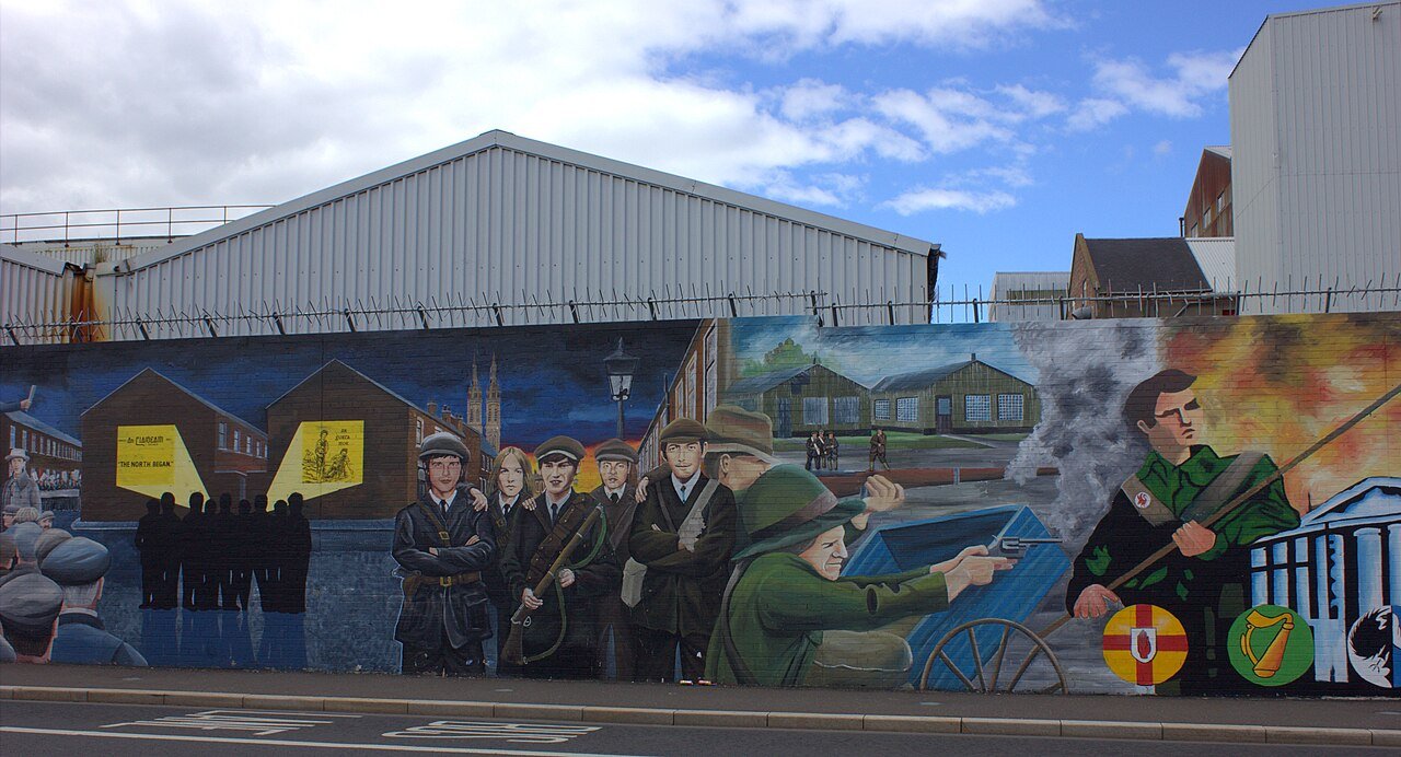 Republican mural on a warehouse gable on the Falls Road in West Belfast