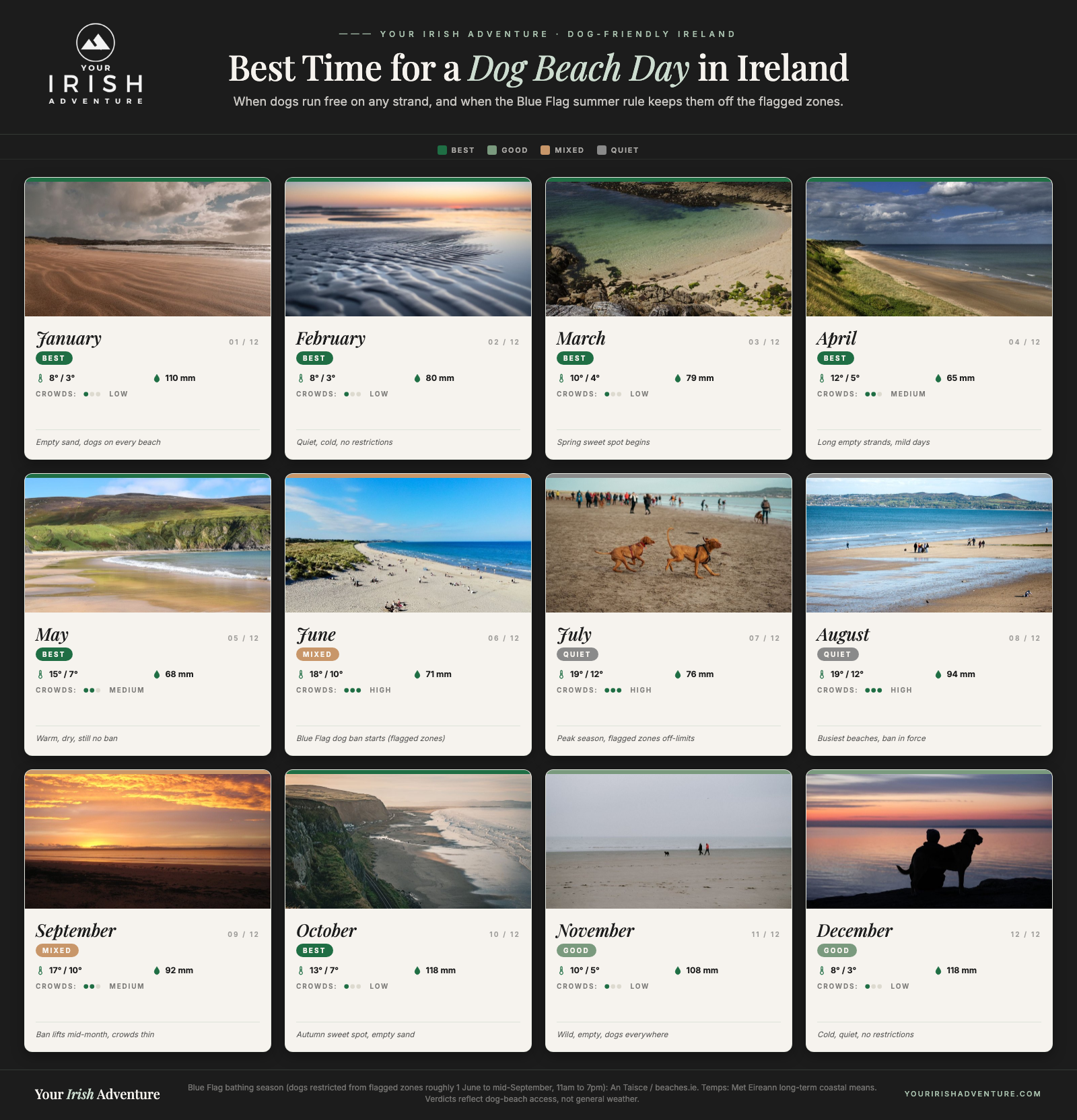 Month-by-month calendar showing the best time to take a dog to the beach in Ireland, with the Blue Flag summer restriction from June to mid-September marked