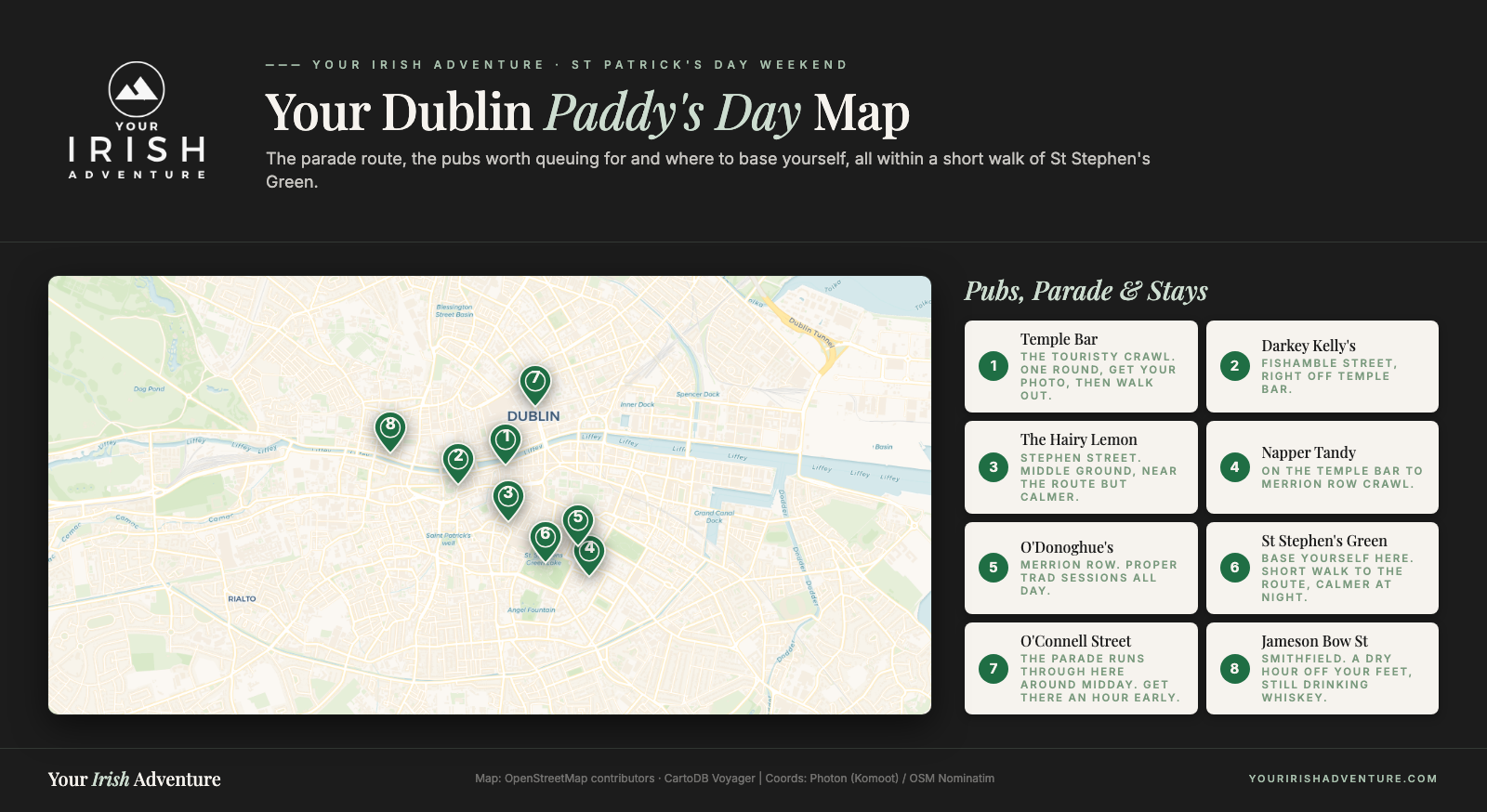 Map of central Dublin showing the St Patrick's Day parade route, the best pubs and where to stay near St Stephen's Green