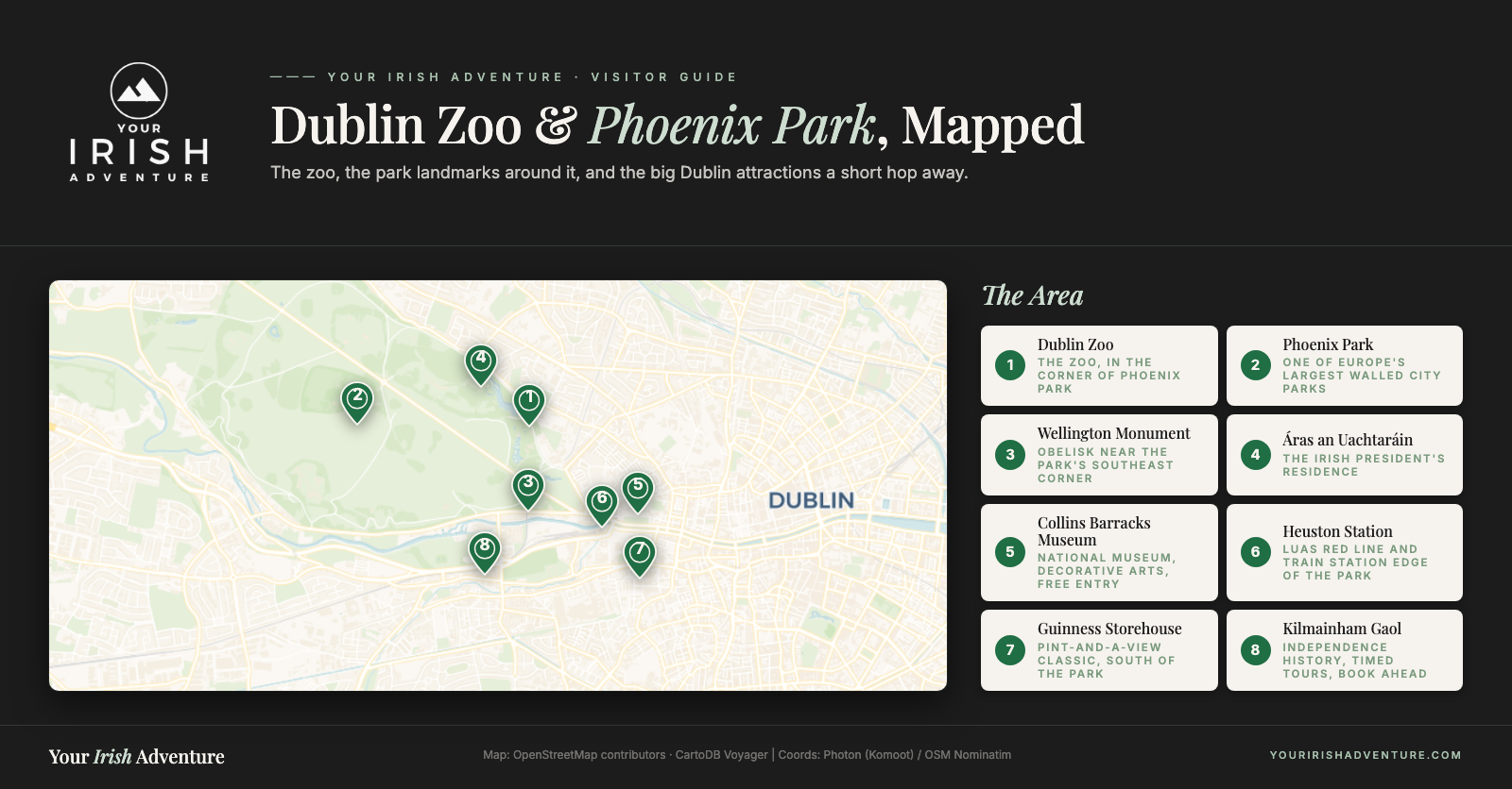 Map of Dublin Zoo inside Phoenix Park with nearby attractions from the post, numbered pins