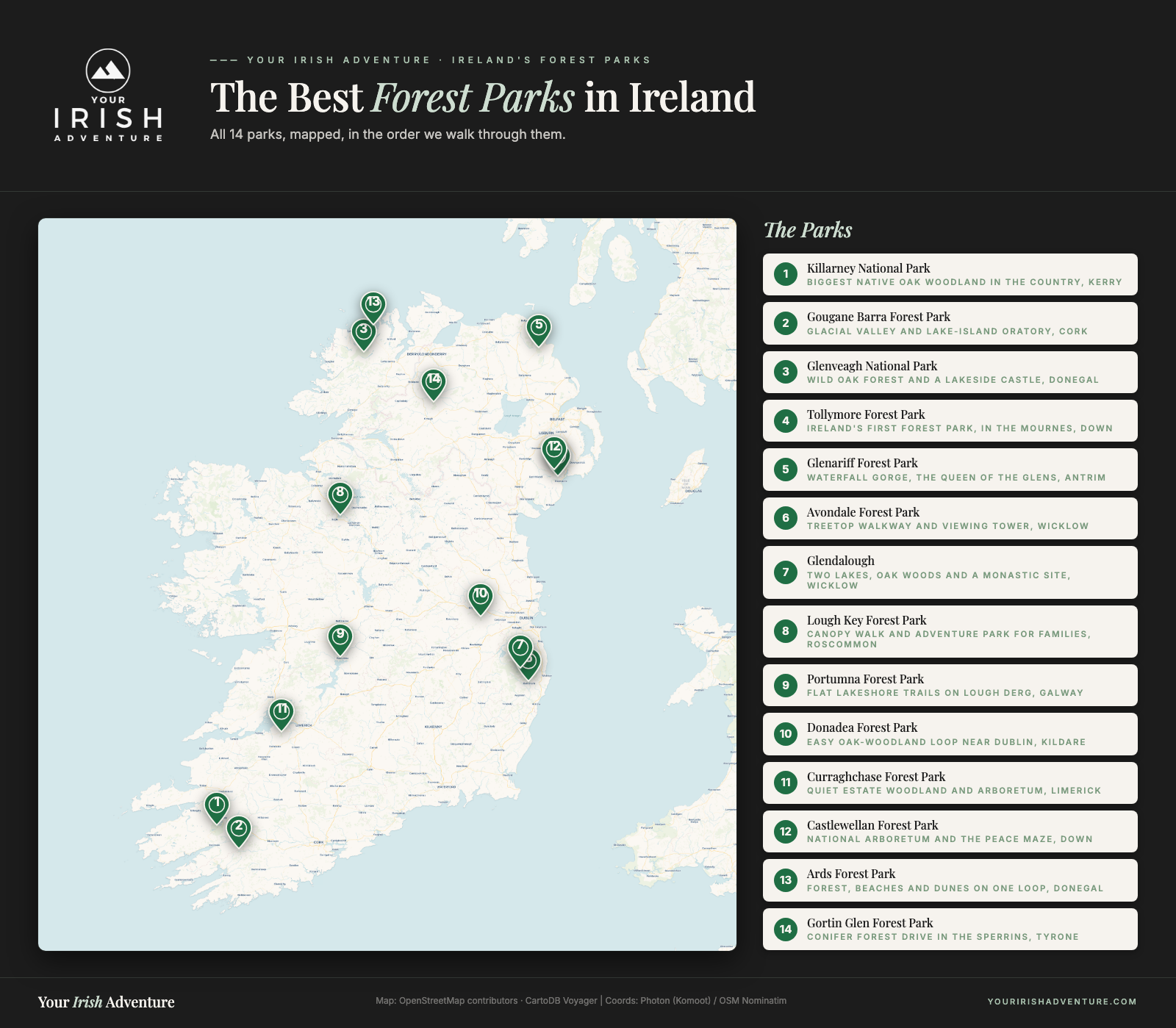 Map of Ireland showing 14 of the best forest parks numbered in order from Killarney to Gortin Glen