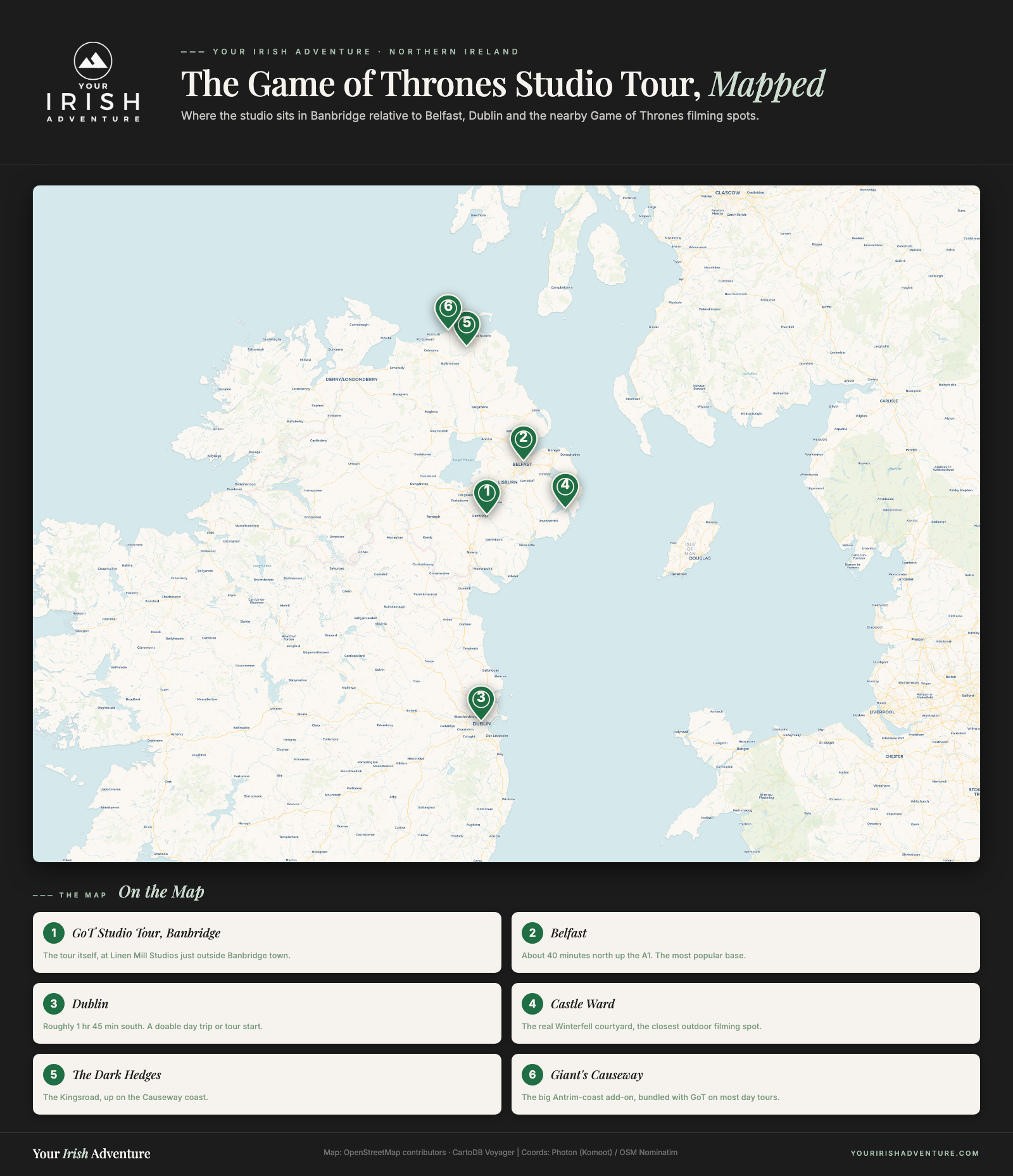 Map of Northern Ireland showing the Game of Thrones Studio Tour in Banbridge relative to Belfast, Dublin, Castle Ward, the Dark Hedges and the Giant's Causeway