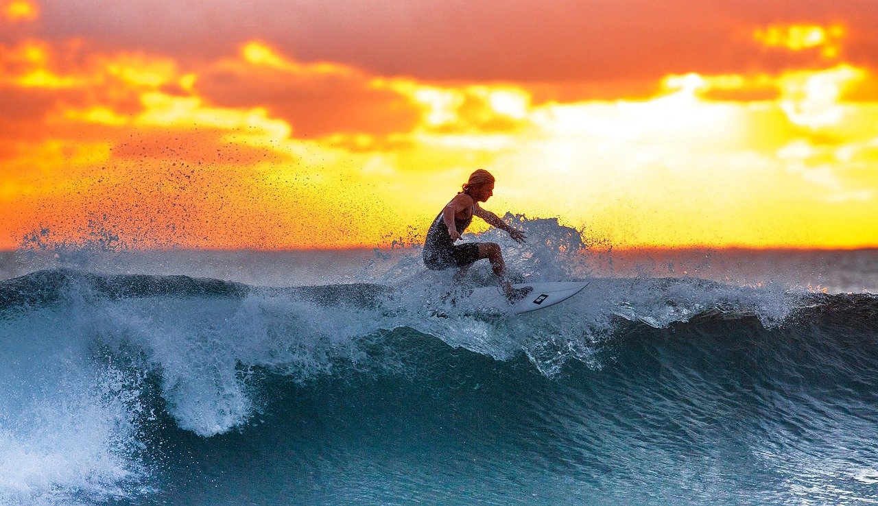 Surfer carving a wave at sunset