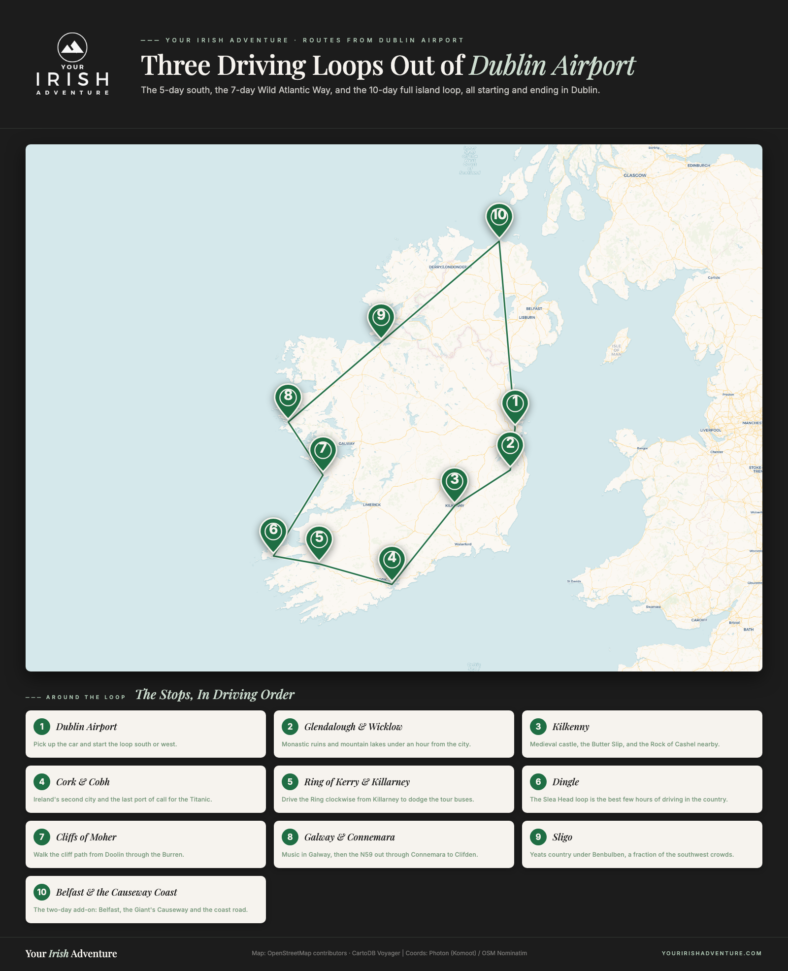 Map of Ireland itineraries from Dublin Airport running south to Cork and Kerry, west along the Wild Atlantic Way, and north to the Causeway Coast