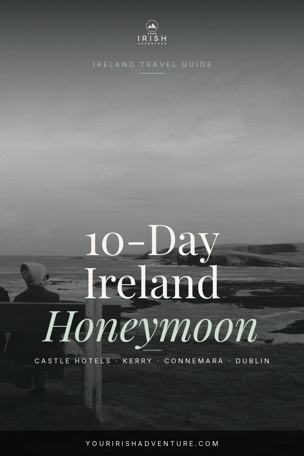 Couple at an Irish castle hotel overlooking green hills on a 10-day Ireland honeymoon route