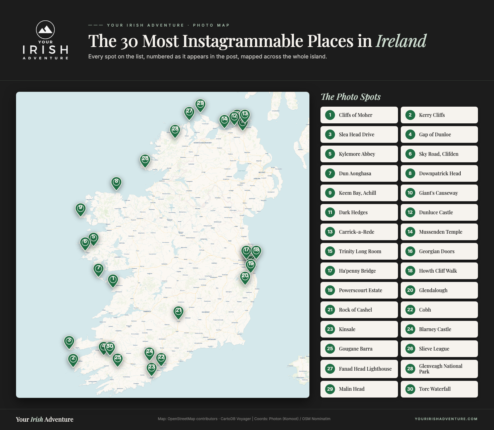Map showing the 30 most Instagrammable places in Ireland numbered as in the post, from the Cliffs of Moher to Torc Waterfall