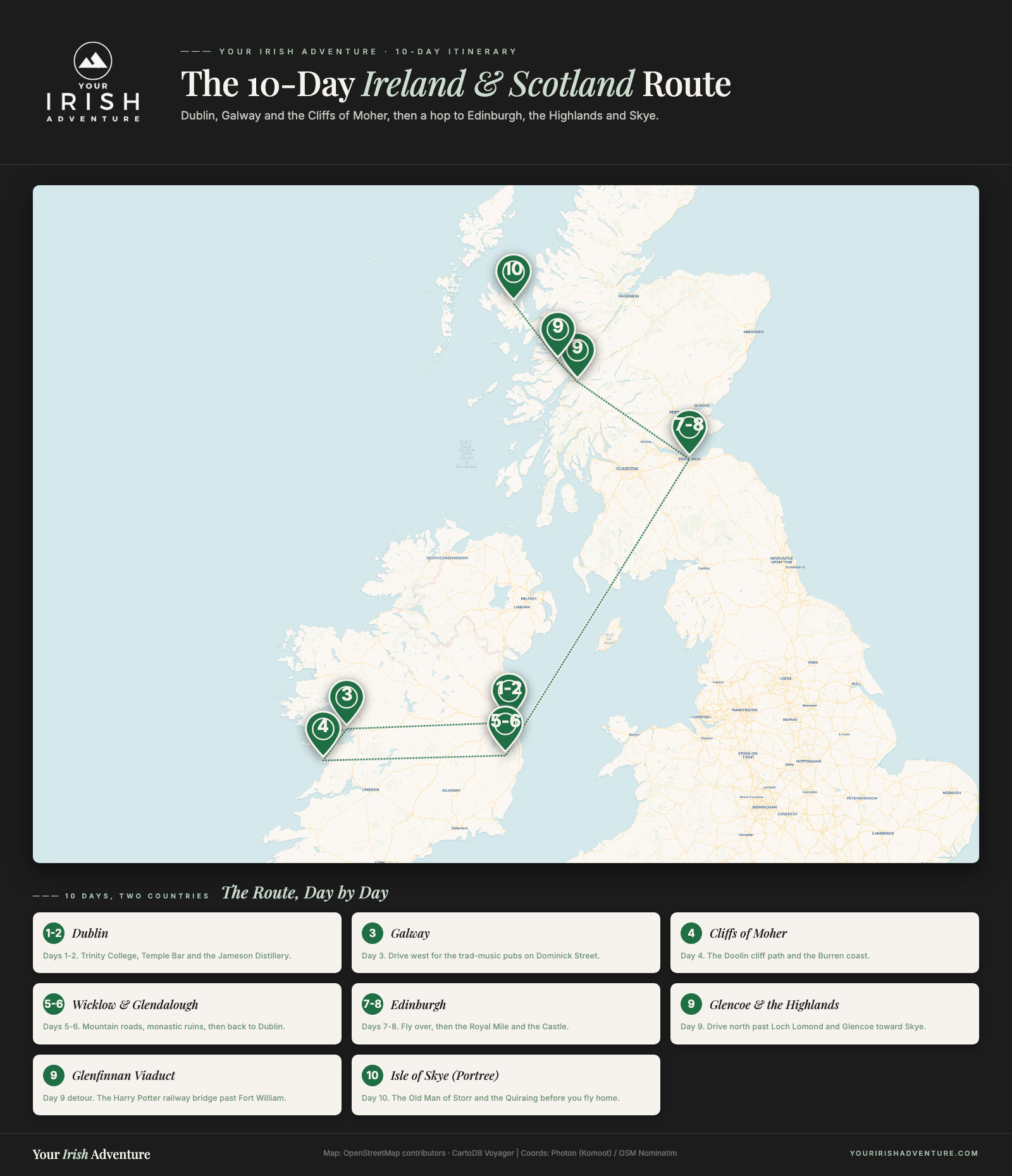 Map showing a 10-day self-drive route across Ireland and Scotland, from Dublin and Galway to Edinburgh, the Highlands and the Isle of Skye