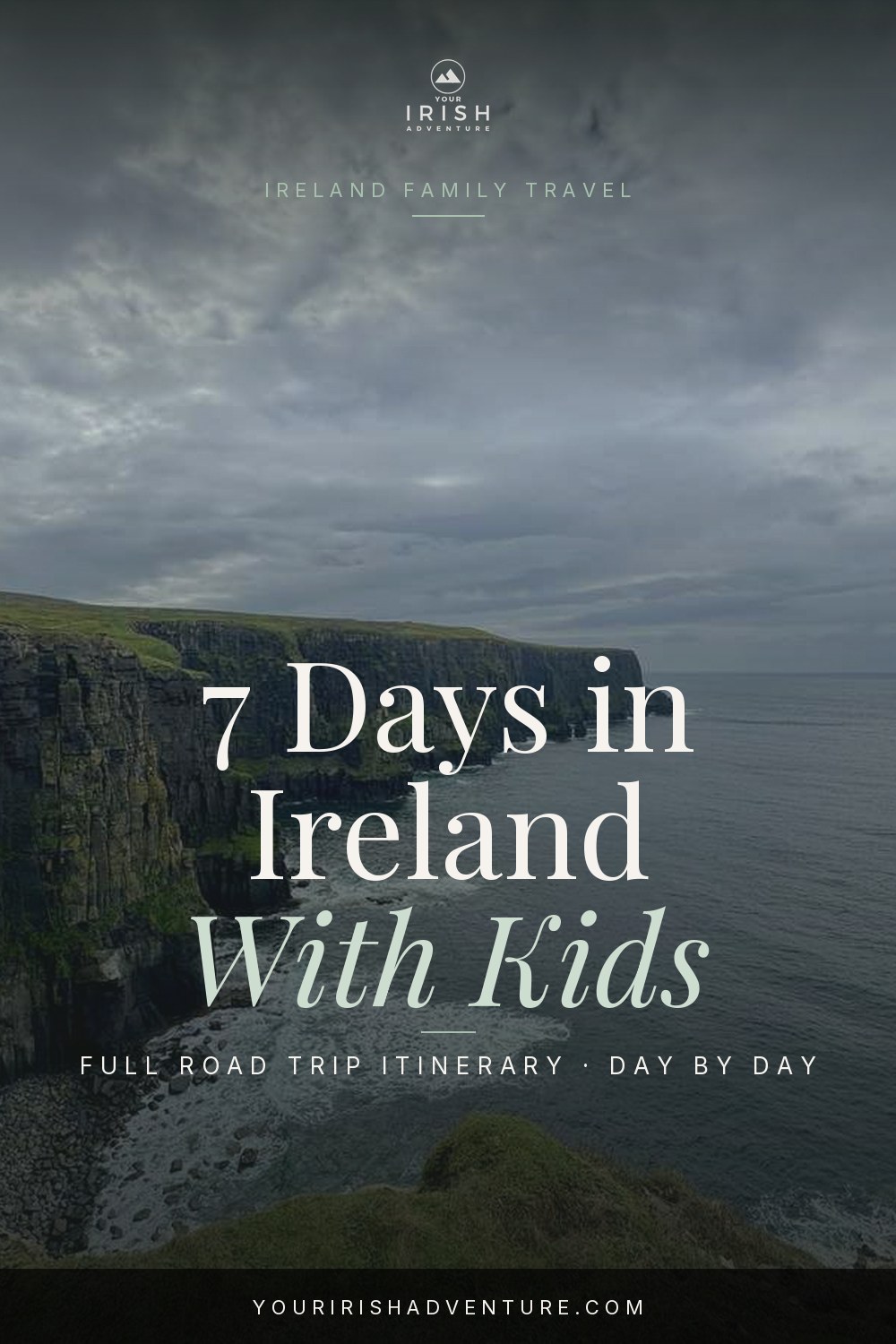 Family standing at a green Irish coastal viewpoint on a week-long Ireland road trip with kids