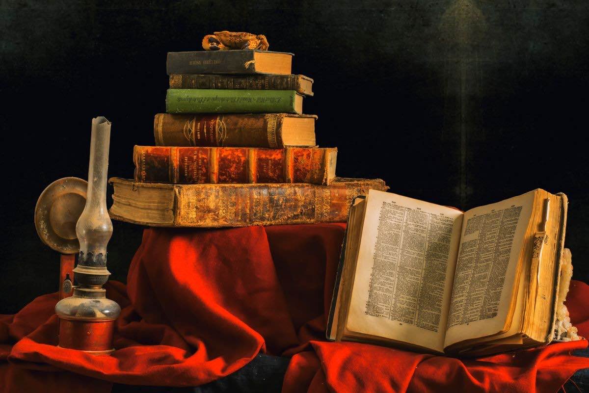 Stack of old antique books