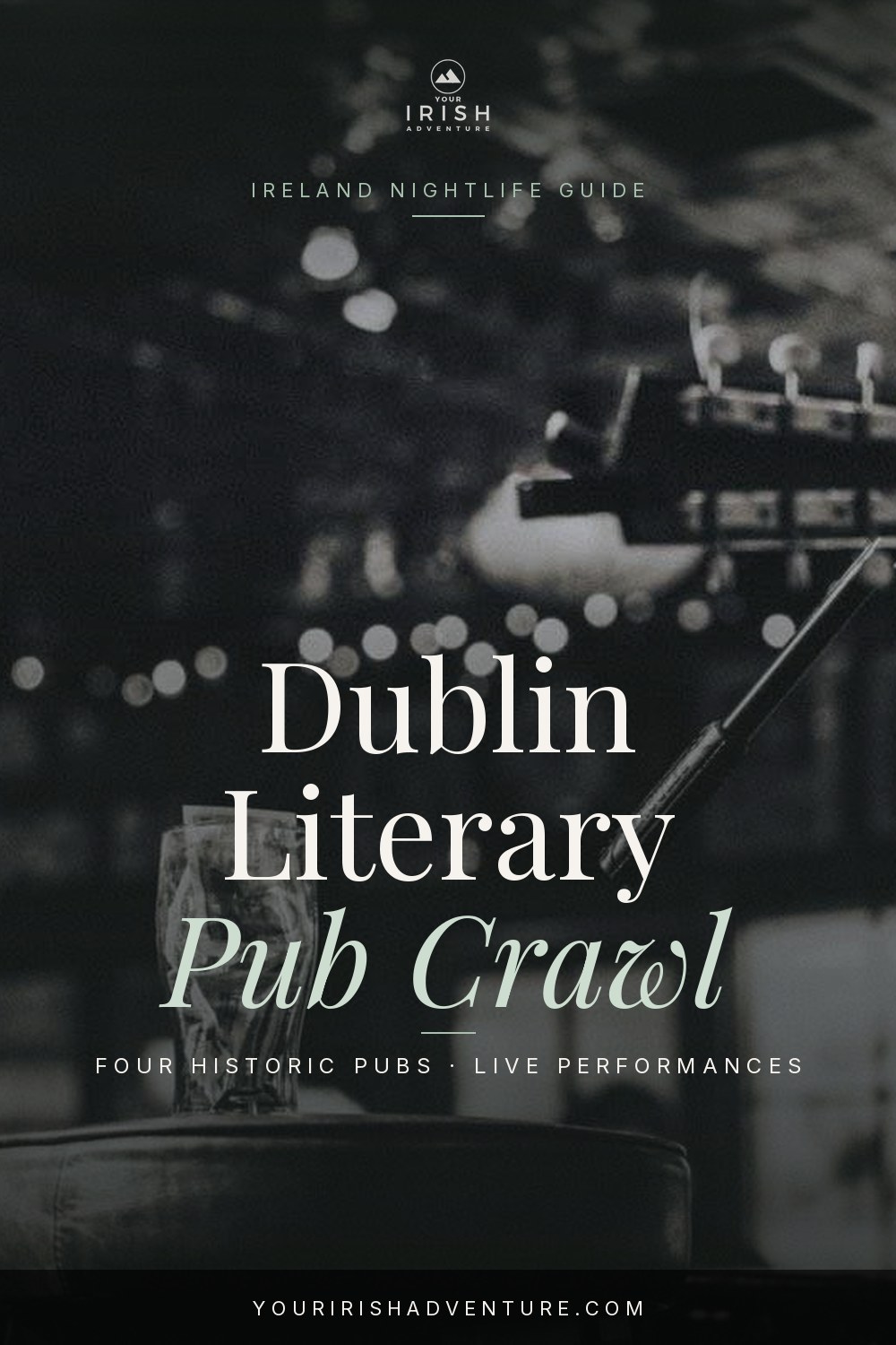 Actors performing for a small crowd inside an old wood paneled Dublin pub during the literary pub crawl