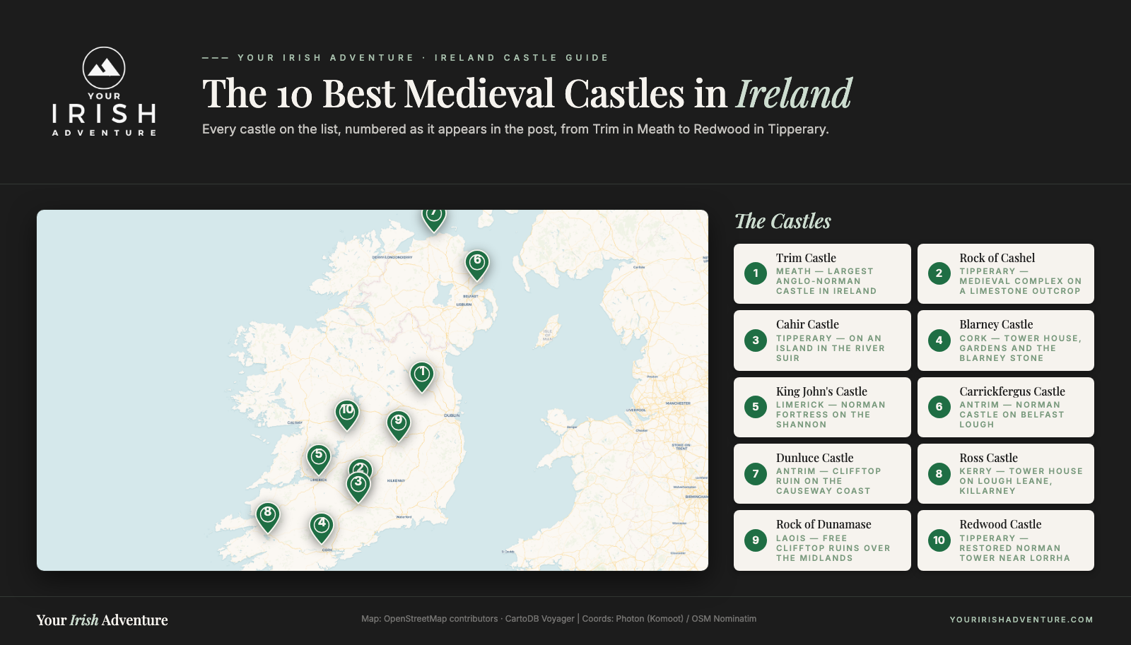 Map of Ireland showing the ten best medieval castles from the post, numbered from Trim Castle in Meath to Redwood Castle in Tipperary