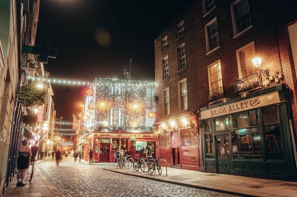 Dublin street at night with lights