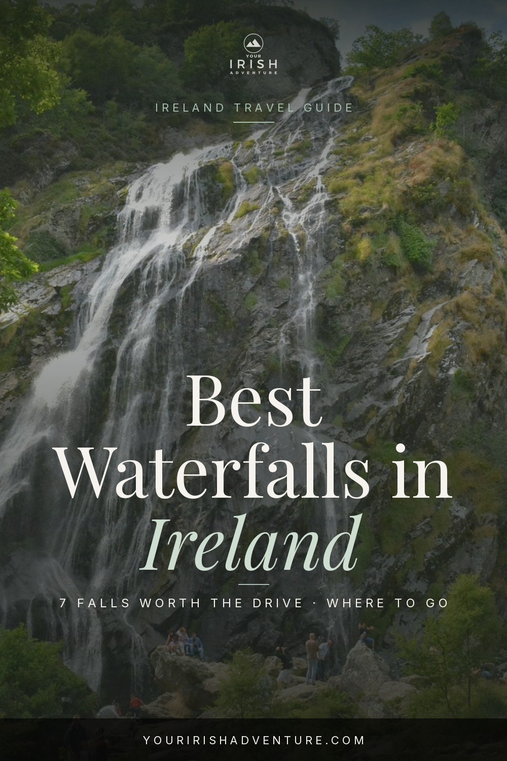 Powerscourt Waterfall dropping down a green cliff in the Wicklow Mountains, Ireland