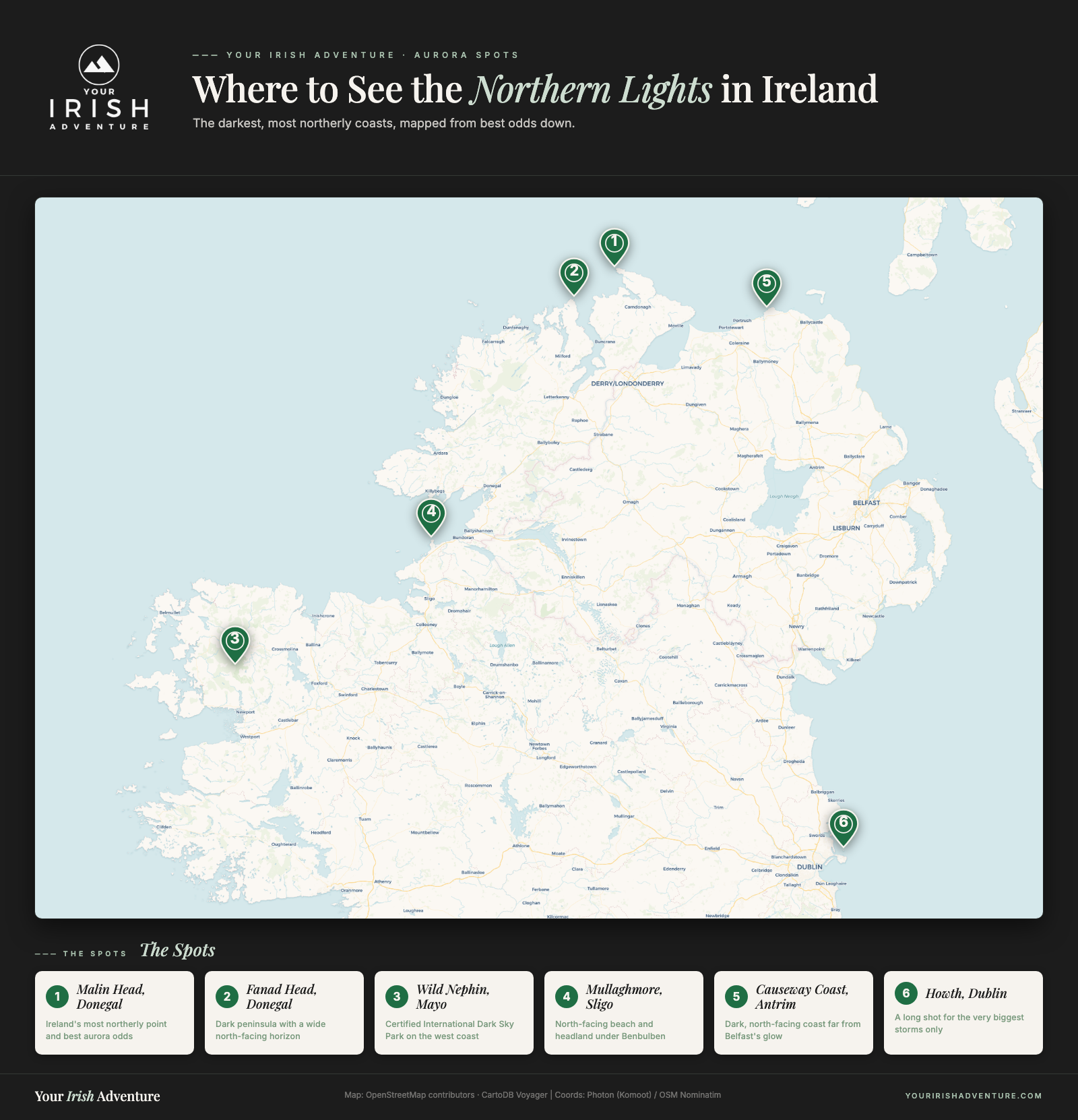 Map showing where to see the northern lights in Ireland, from Malin Head in Donegal down to Howth in Dublin