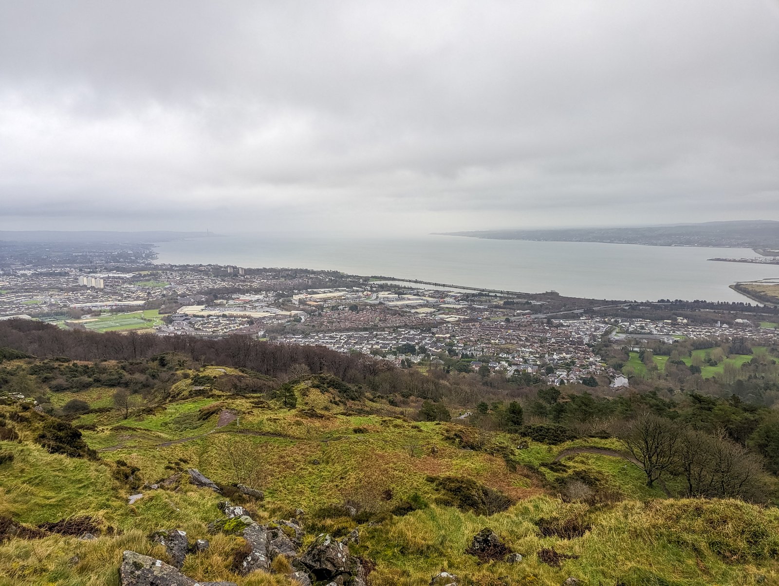 View over Belfast and the lough from the top of Cave Hill