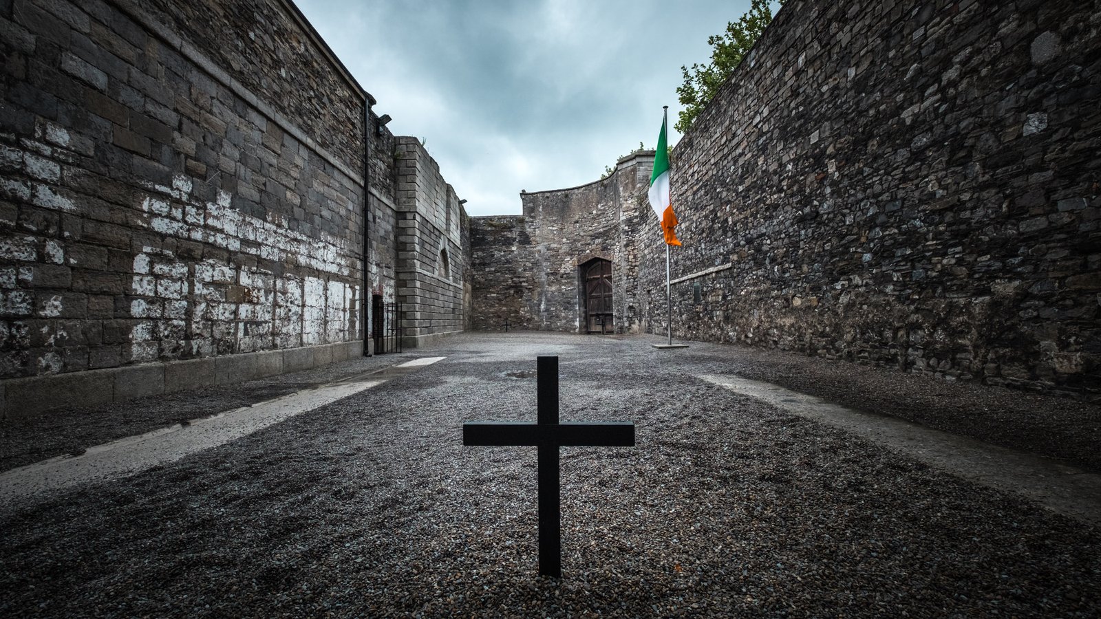 Kilmainham Gaol stonebreakers yard with Irish flag