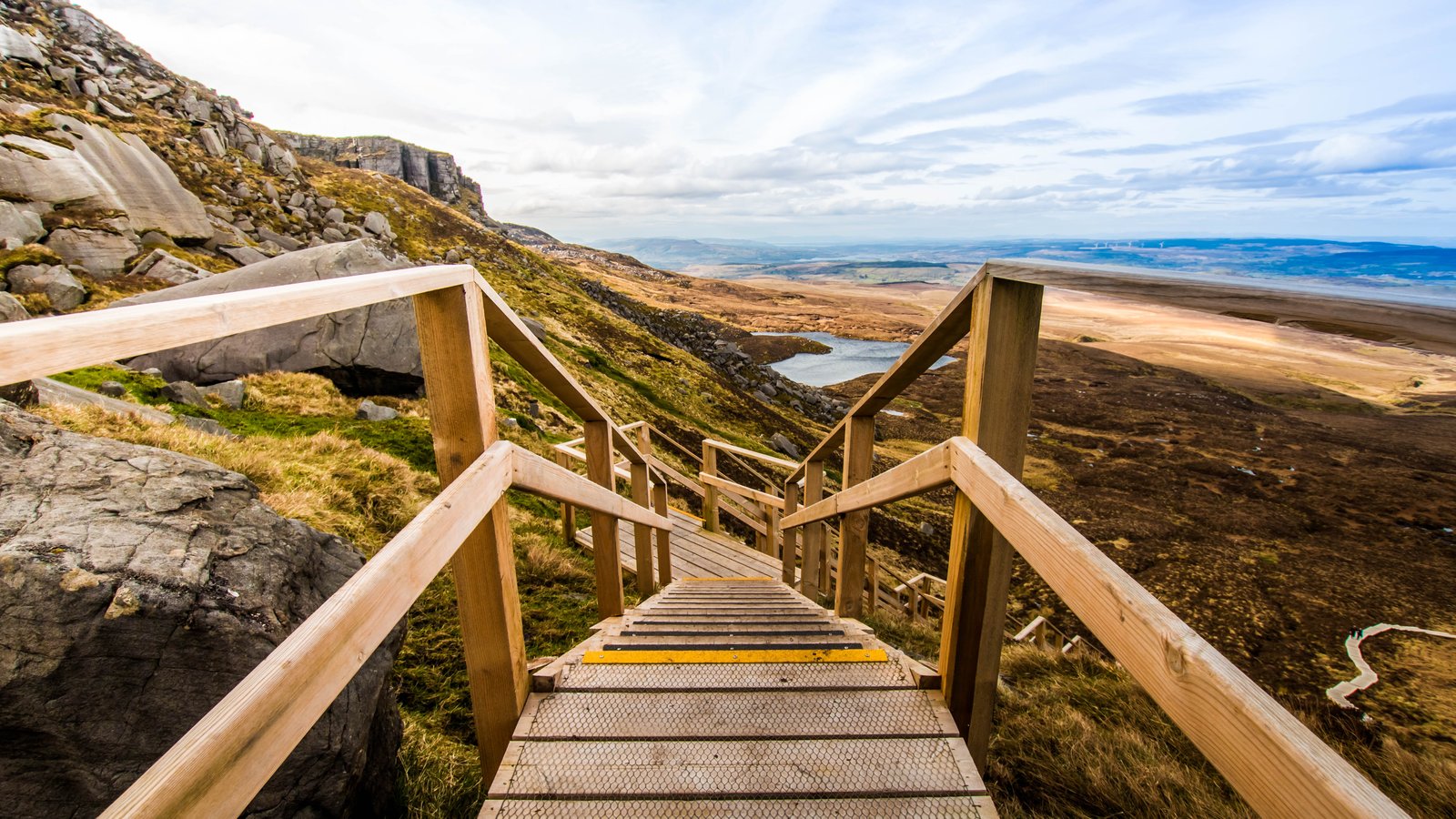 The Cuilcagh Boardwalk Stairway to Heaven climbing Cuilcagh Mountain above the blanket bog in County Fermanagh