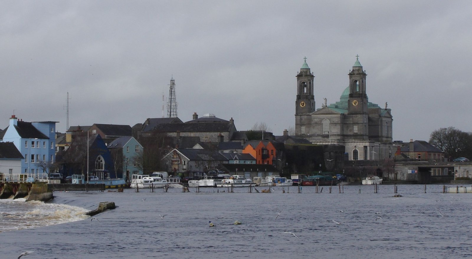Athlone town on the River Shannon with the twin-towered church