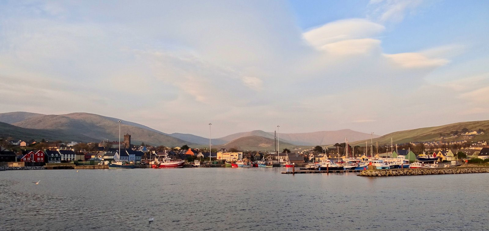Dingle harbour with fishing boats, the colourful town and Kerry mountains