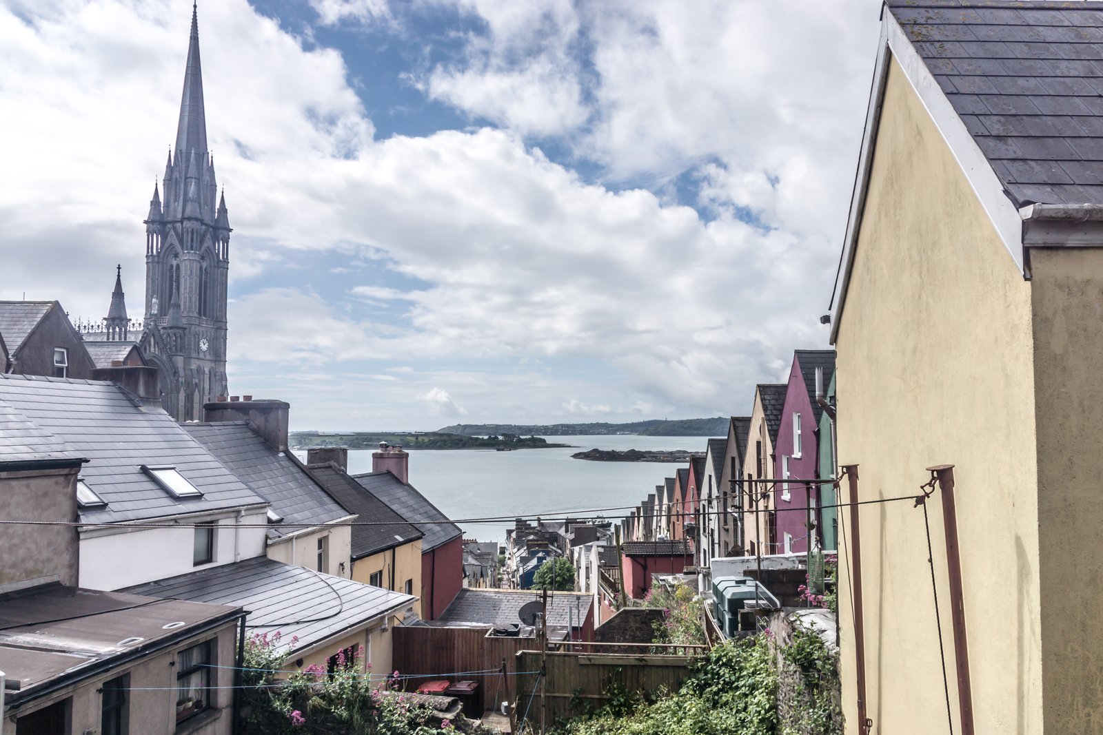 The Deck of Cards houses in Cobh with St Colman's Cathedral spire rising behind them.