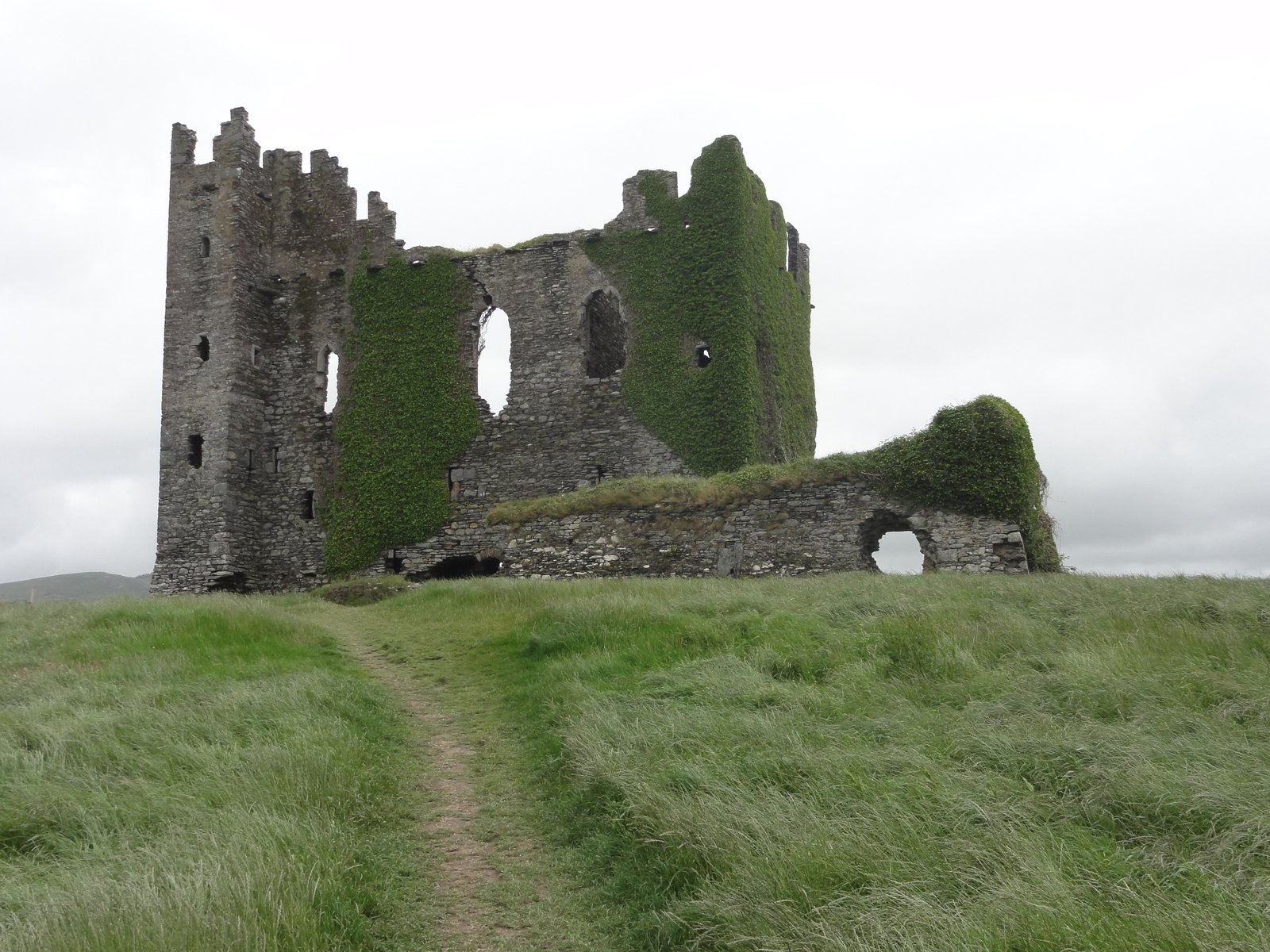 Ivy-covered Ballycarbery Castle ruin near Cahersiveen in County Kerry