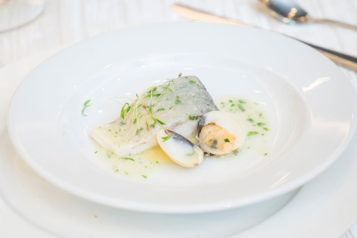 Plated seafood dish with clams at an Irish restaurant