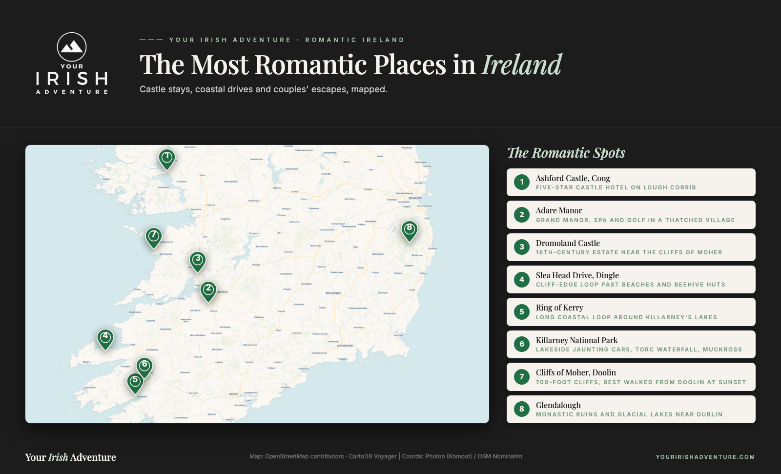 Map of the most romantic things to do in Ireland for couples: Ashford Castle, Adare Manor, Dromoland Castle, Slea Head Drive, the Ring of Kerry, Killarney National Park, the Cliffs of Moher and Glendalough