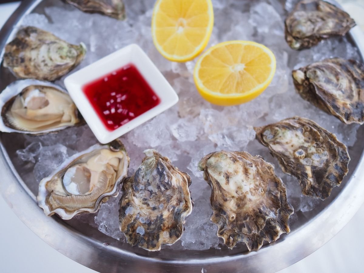 A platter of fresh oysters on ice with lemon