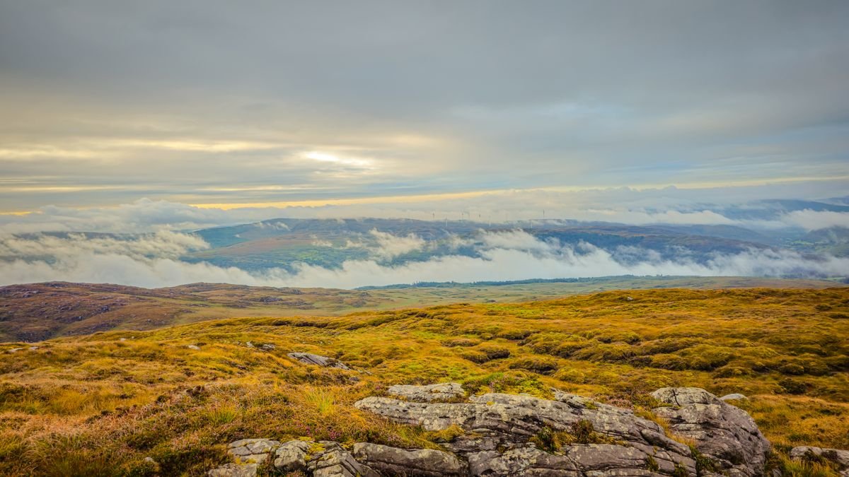 Misty autumn upland landscape in Ireland