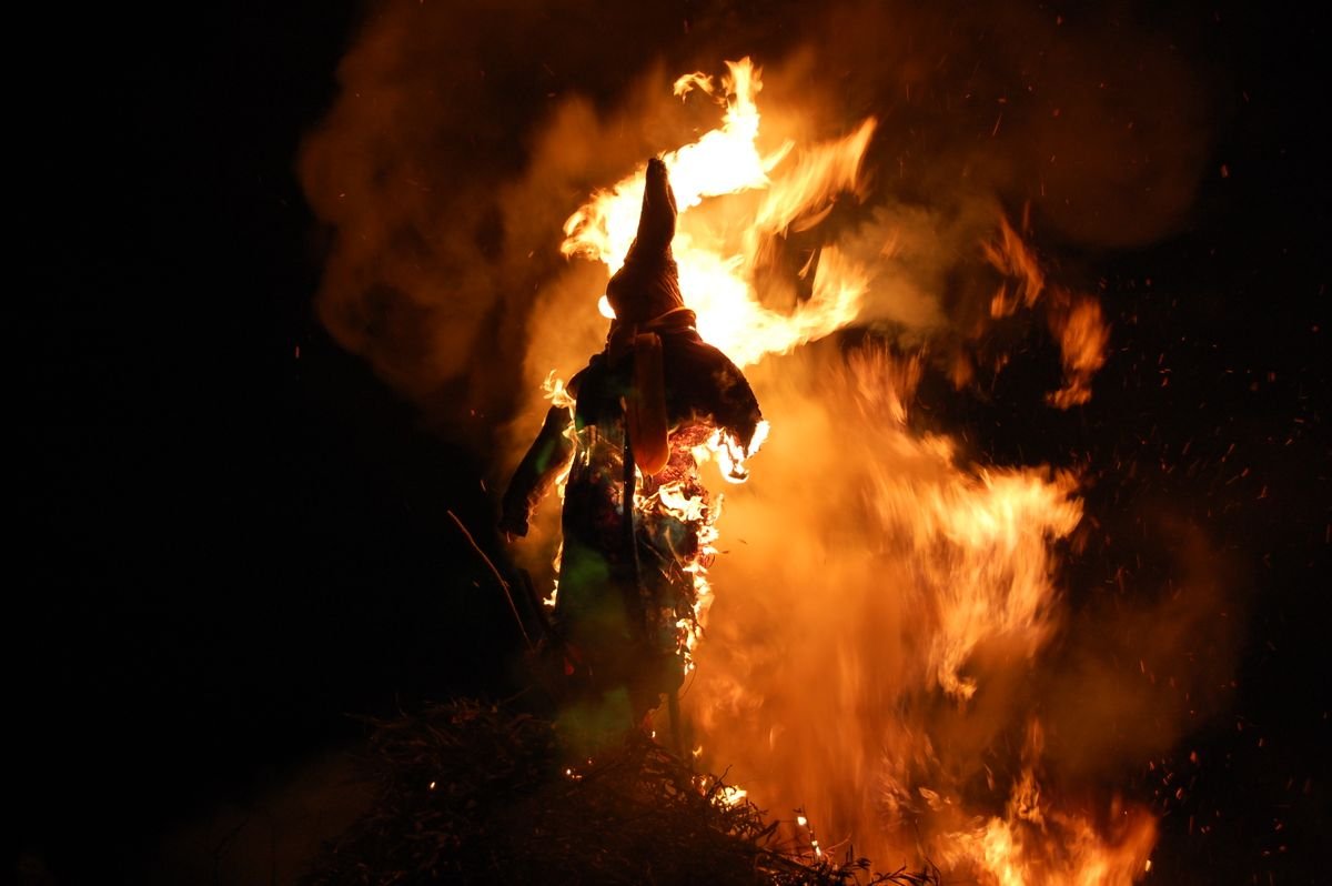 Samhain bonfire burning at night