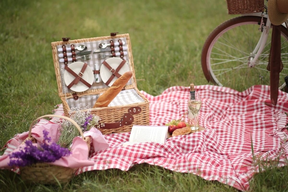 Picnic basket open on a checkered blanket on grass