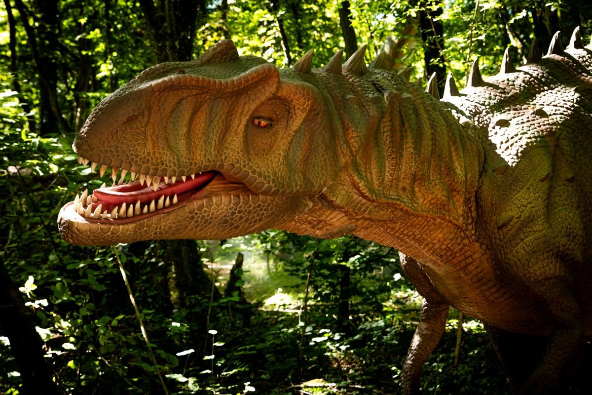 A life-size model dinosaur set among trees on a woodland trail