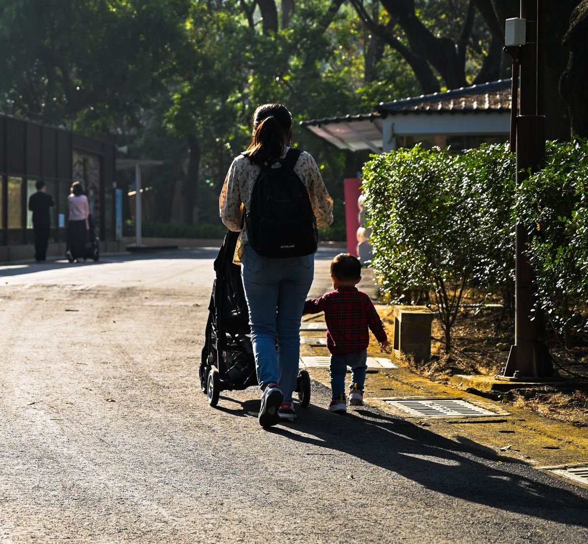 A parent pushing a buggy with a toddler along a quiet path
