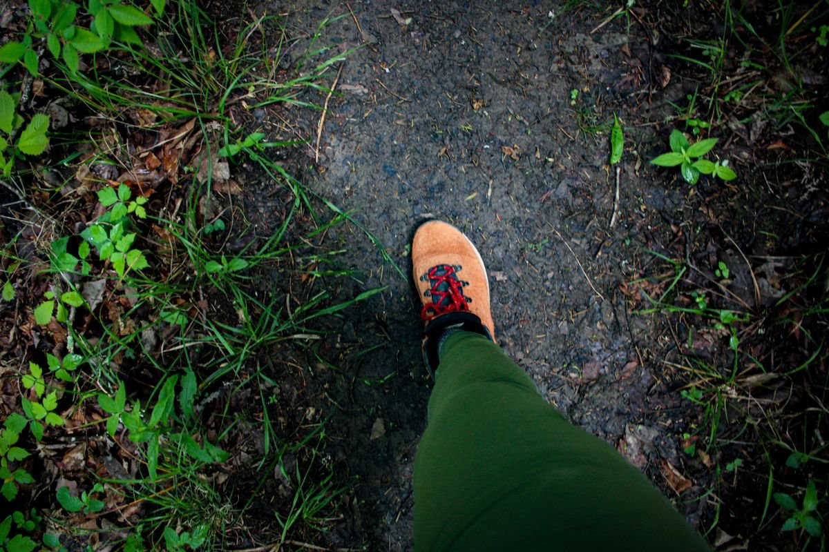 A hiking boot on a forest trail