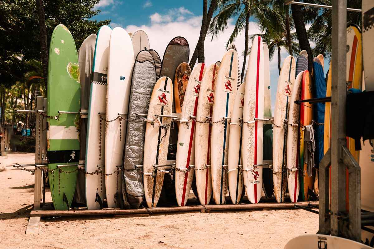 A rack of rental surfboards lined up outdoors