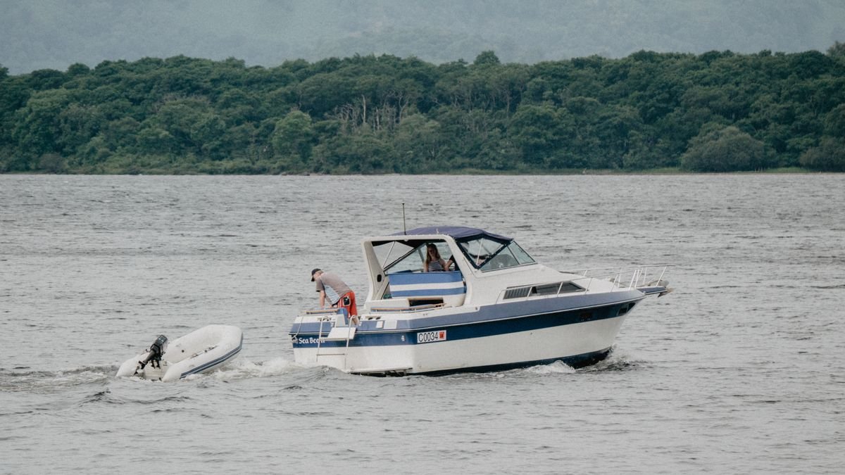 A cabin cruiser on Lough Erne near Enniskillen in County Fermanagh
