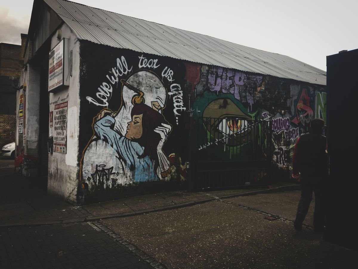 A large mural painted on a gable end wall