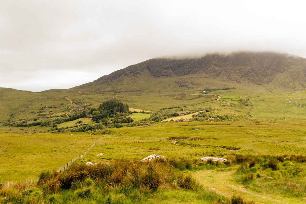 A green Kerry mountain with mist over the summit above open moorland