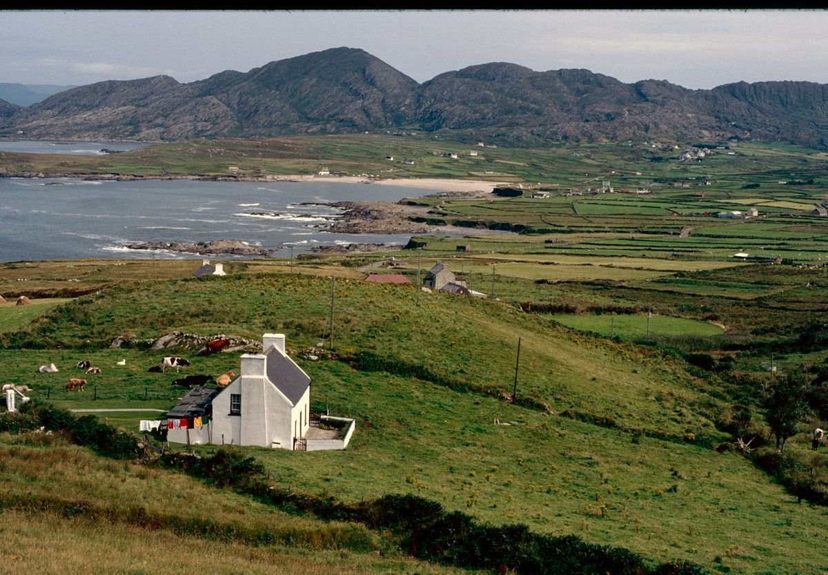 Green rolling Irish coastline with a white cottage and mountains