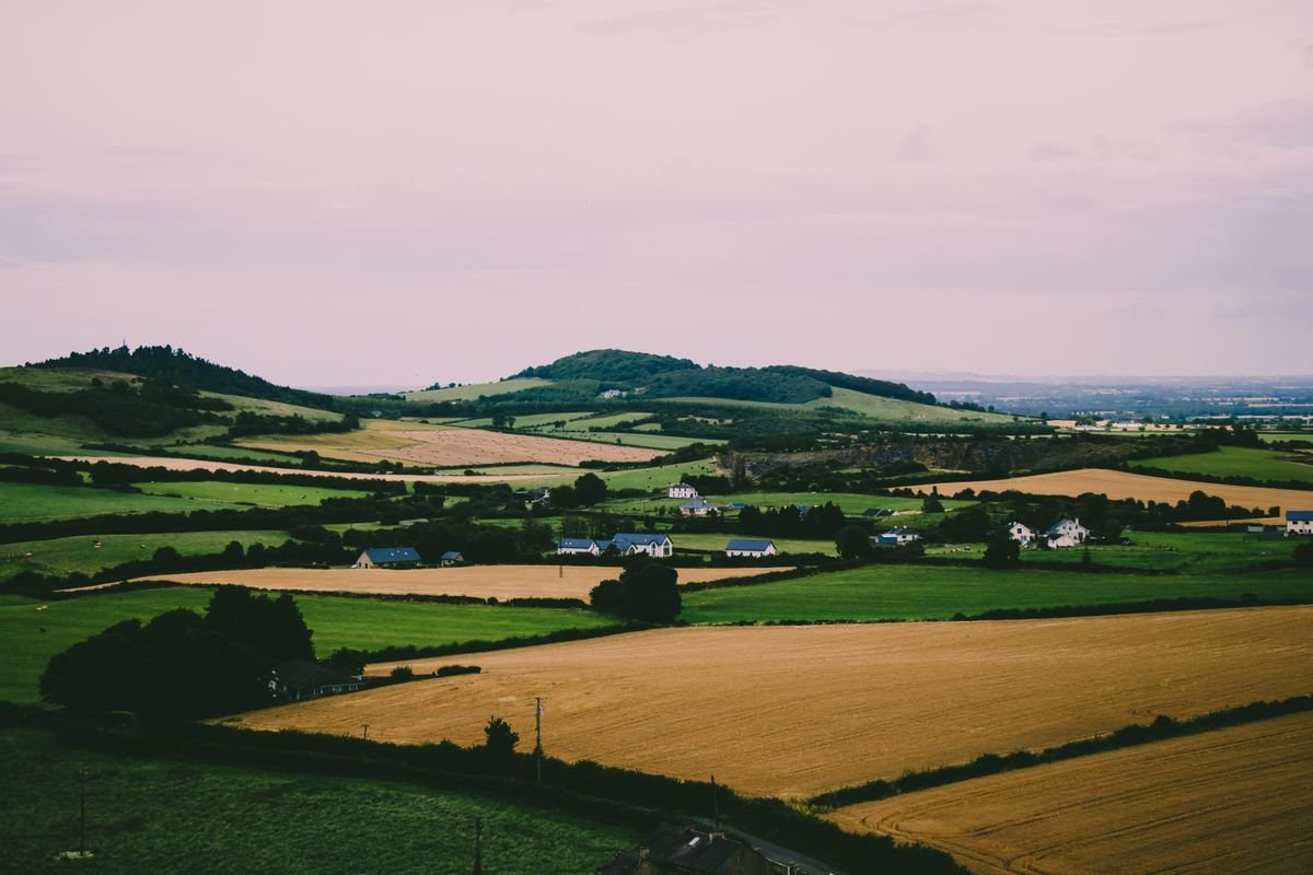 Green patchwork farmland and low hills across the Irish midlands