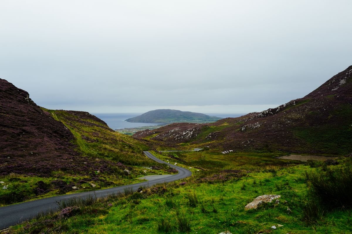 A narrow road winding down a green mountain pass toward the sea on the Beara Peninsula