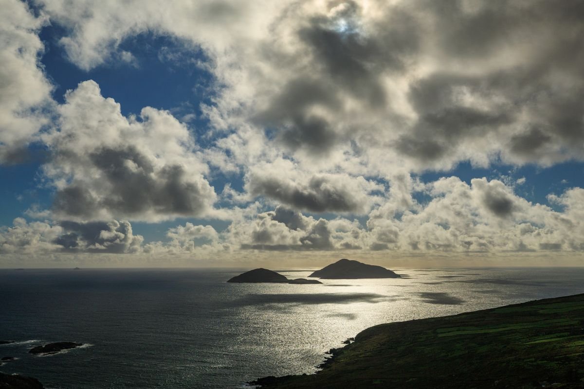 Islands silhouetted on the sea off the Kerry coast on the Skellig Ring