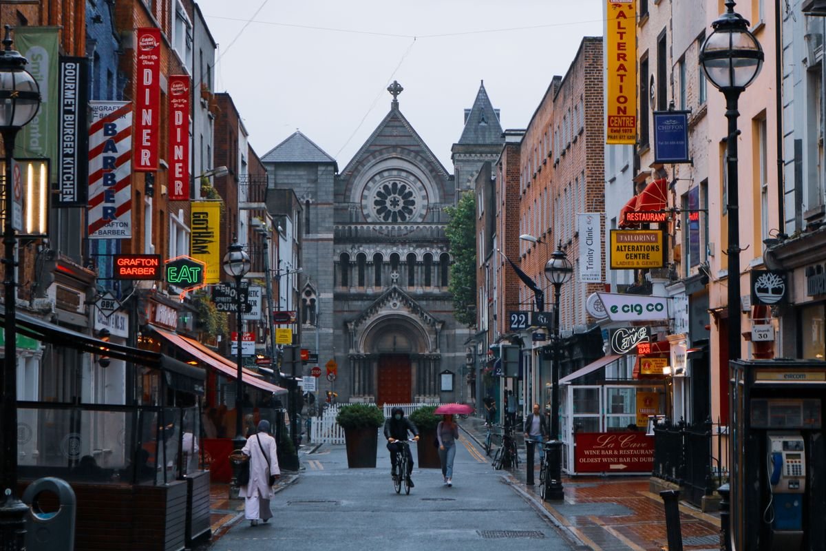 A busy street of shopfronts near Grafton Street in Dublin