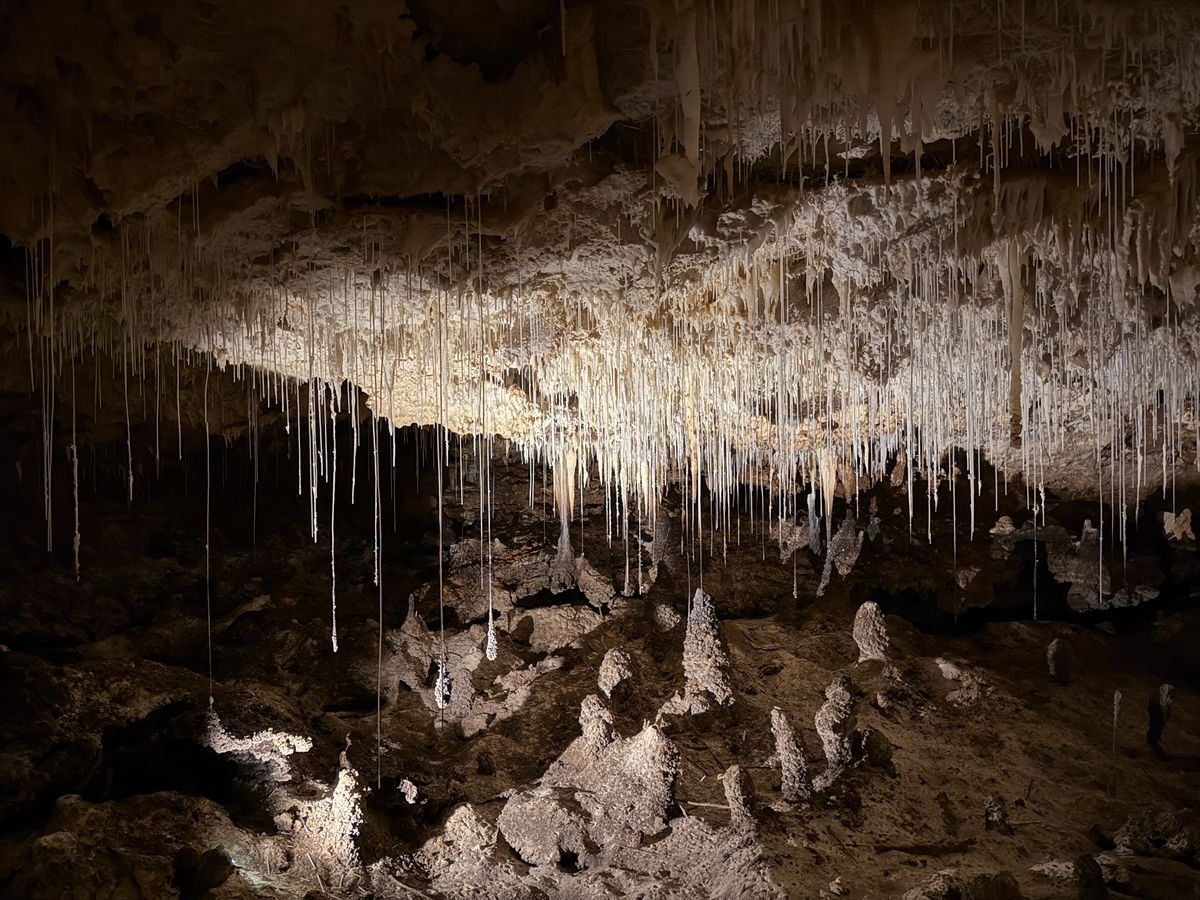 Hanging stalactites in a limestone cave
