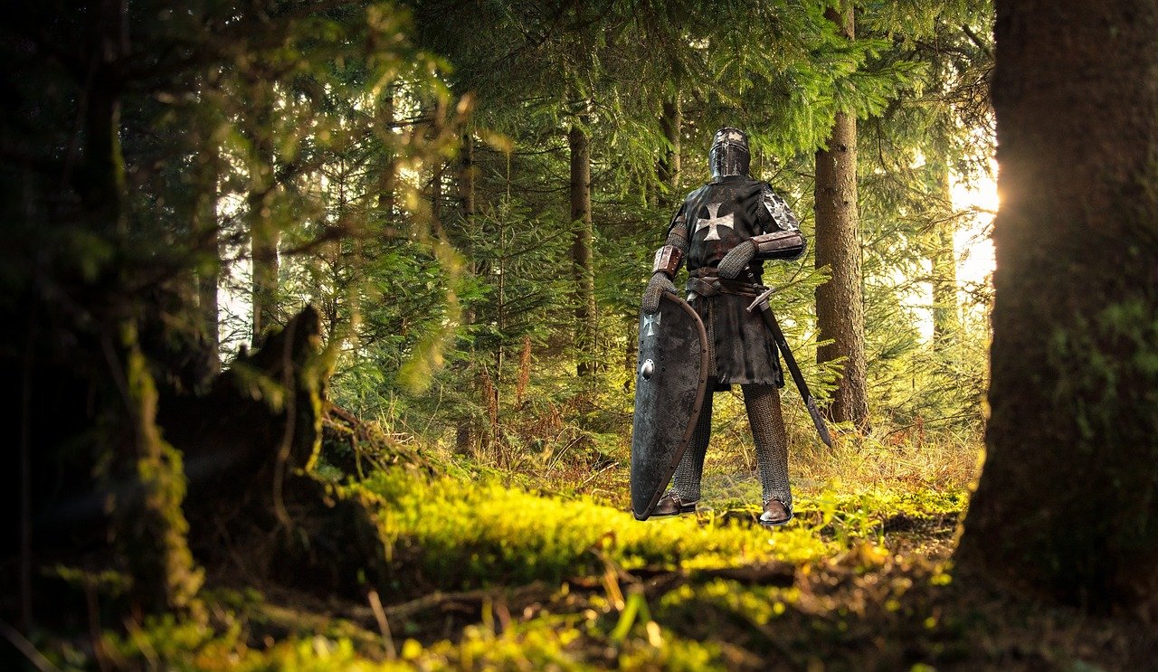 Knight in armour standing in a forest