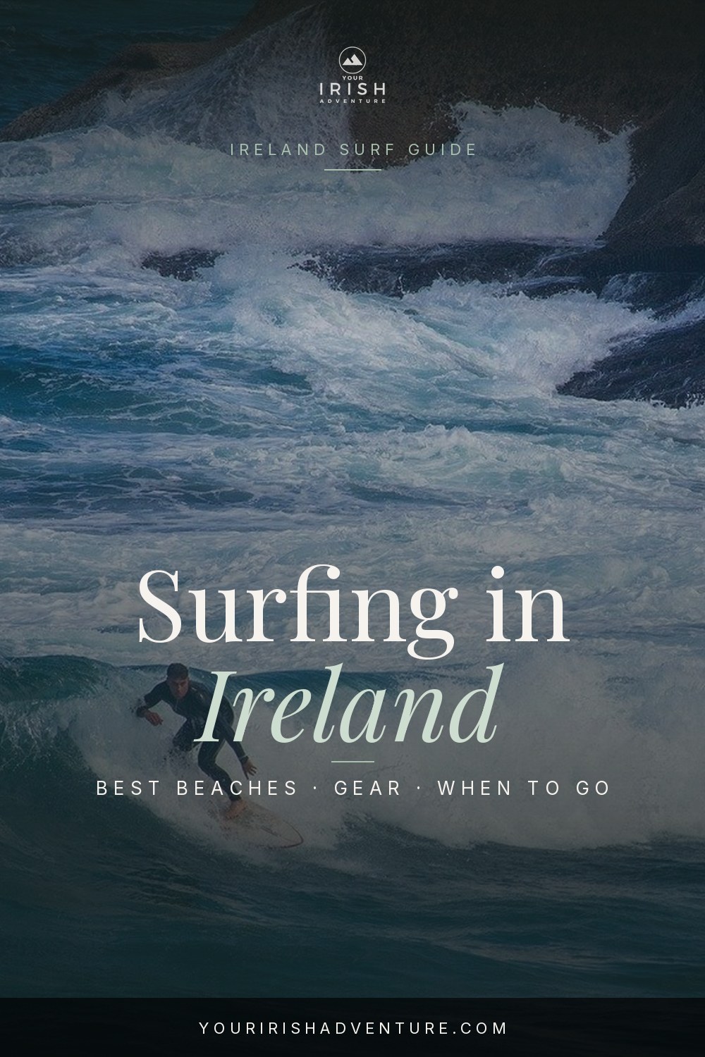 Surfer riding a wave off the Irish Atlantic coast with green cliffs behind