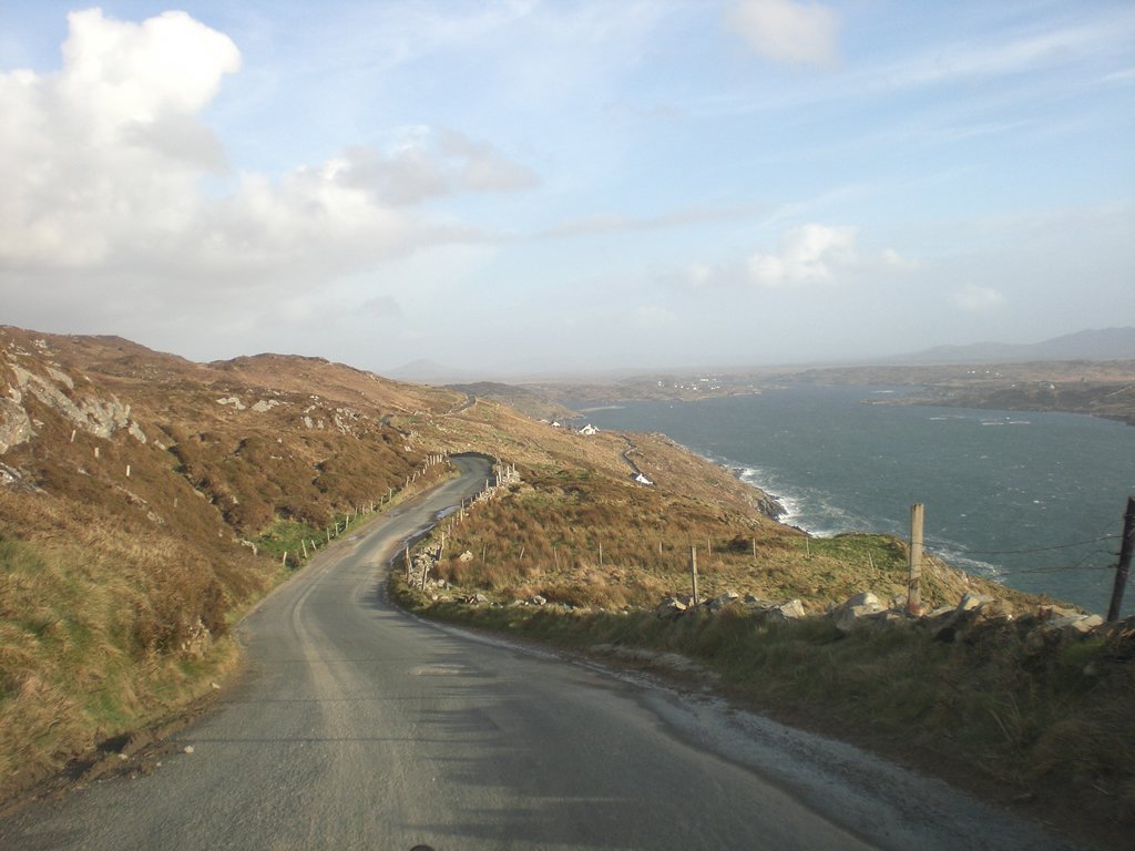 The Sky Road coastal loop climbing above Clifden Bay in Connemara.