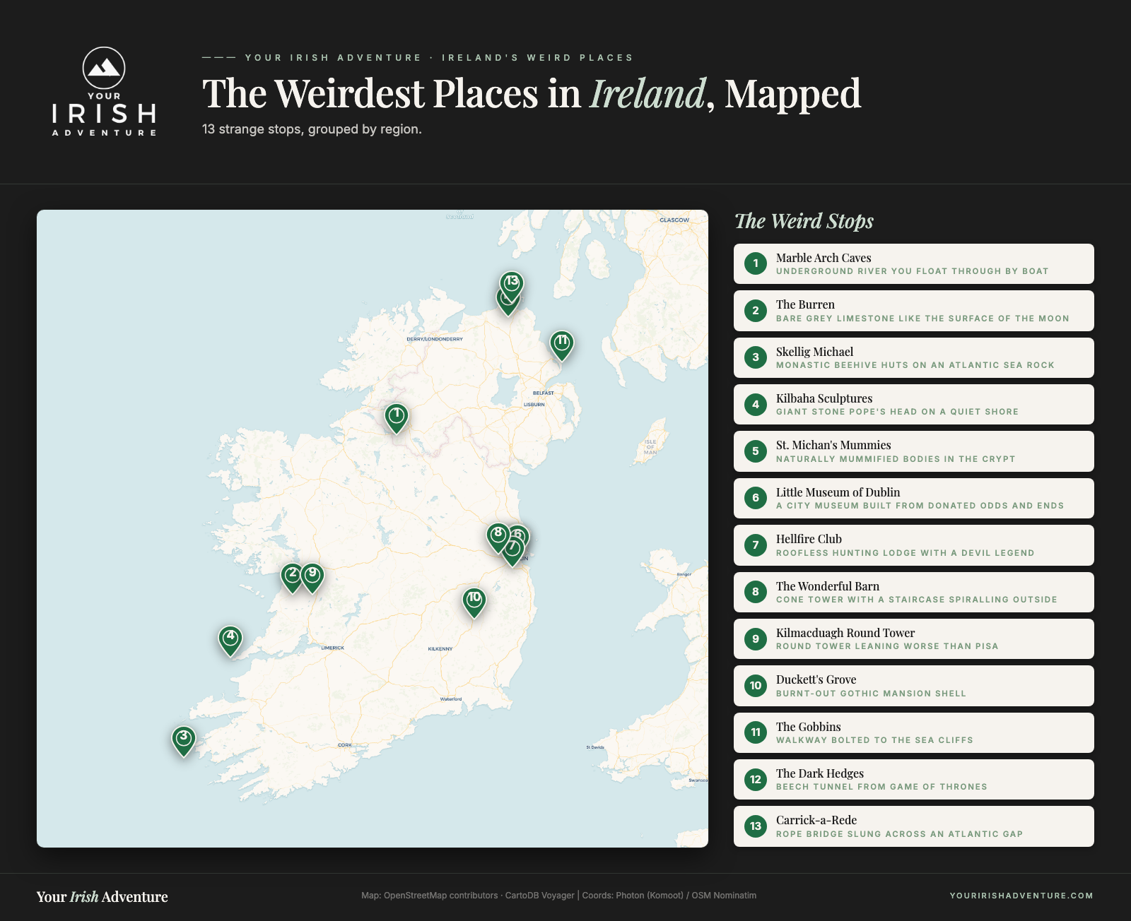 Map of 13 unusual and weird places to visit across Ireland grouped by region